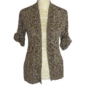 Chicos Cardigan Open Front Marled Knit Roll Tab Half Sleeve 0 US S